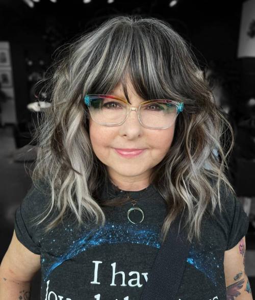Silver Black Layered Waves and Bangs