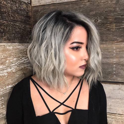 Gray Wavy Bob With Black Roots